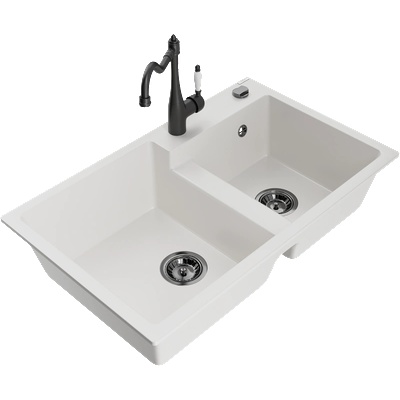 Mexen Tomas гранитна мивка с две отделения и кухненски кран Carla, бяла - 6516-20-670700-70 (6516-20-670700-70)