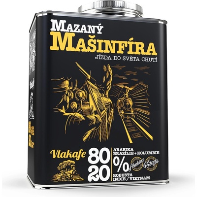 Fixi Coffee Vlakafe Mazaný mašinfíra dárkové balení kávy jemně mletá stylový plechový kanystr 500 g