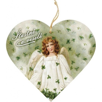 Bohemia Gifts Dřevěné dekorační srdce s potiskem Anděl se čtyřlístky 12 cm