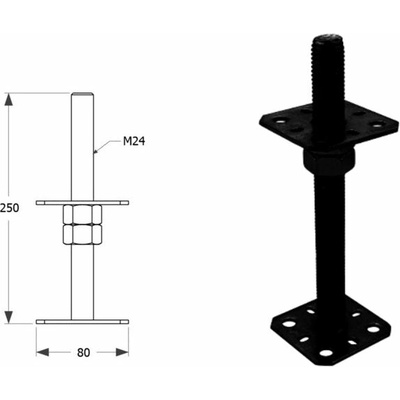 Domax zaskrutkovacia pätka stĺpika nastaviteľná závitová PSR 80 M24 - 80 x 250 x M24 x 4 mm 4 ks