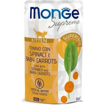 MONGE Supreme Kitten kapsička tuniakové kúsky so špenátom a baby mrkvou pre mačiatka 80 g