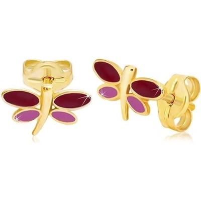 Šperky eshop náušnice zo žltého zlata vážka s bordovou a fialovou glazúrou na krídlach GG20.31