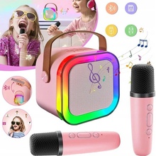 Karaoke set s 2 mikrofónmi prenosný BLUETOOTH USB LED reproduktor ružový