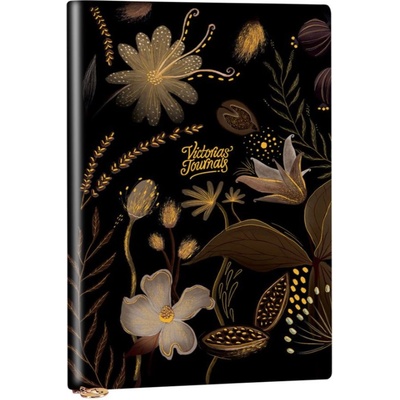 Victorias Journals Тефтер Victoria's Journals Florals - Златисто и черно, пластична корица, на точки, 96 листа, А5 (V3449)