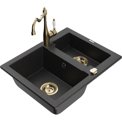 Mexen Carlos гранитна мивка 1, 5-камерна с кухненски смесител Carla, черен/сребърен металик - 6518-73-670700-50 (6518-73-670700-50)