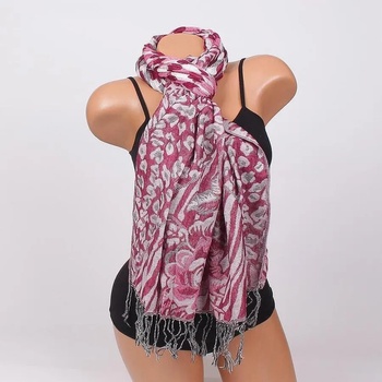 Image 1 of Розов шал със сиво-бели цветя и шарки