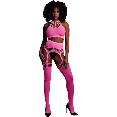 Ouch! Glow in the Dark Two Piece with Crop Top and Stockings Neon Pink