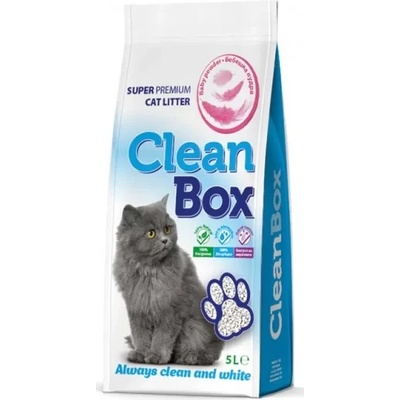 CLEAN BOX Super Premium бебешка пудра, постелка за котешка тоалетна, фин бял бентонит, 5 л