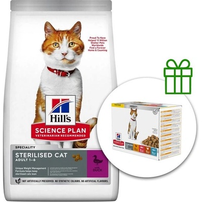 HILL'S Hill s Science Plan гранули за кастрирани възрастни котки с патица 10 кг + 12 пауча безплатно