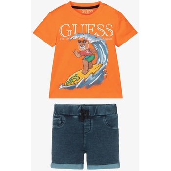 Guess Комплект с оранжева тениска с мече и къси деним панталонки за бебе момче Guess