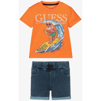 Guess Комплект с оранжева тениска с мече и къси деним панталонки за бебе момче Guess