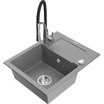 Mexen Enzo кухненска мивка от гранит с 1 отделение с отцедник и кухненски смесител Aster, сив - 6506-71-73450-07 (6506-71-73450-07)