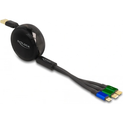 Delock USB 3-в-1 прибиращ се кабел за зареждане за Micro USB / 2 x USB Type-C с бързо зареждане, черен