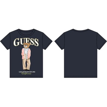 GUESS Тъмносиня тениска за момиче с цветно мече и бял надпис Guess