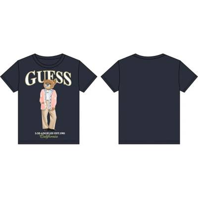 GUESS Тъмносиня тениска за момиче с цветно мече и бял надпис Guess