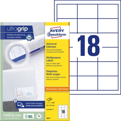 AVERY ZWECKFORM QuickPEEL 64x45 mm 18 etiket 100 listů Univerzální etikety A4 bílé