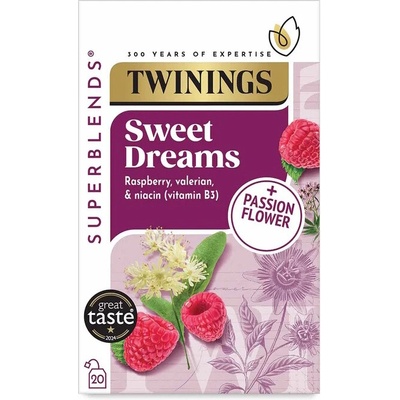 TWININGS SUPERBLENDS SWEET DREAMS s malinami mučenkou a kořenem kozlíku 20 sáčků