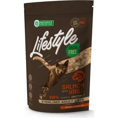 Nature's Protection CAT - LIFESTYLE Grain Free Salmon with Krill Sterilised Adult Cat, висококачествена храна за пораснали кастрирани котки от всички породи, БЕЗ ЗЪРНО, със сьомга и крил, Литва - 0, 4 кг 125028