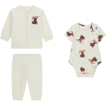 Guess Мръсно бял бебешки комплект със суичър, панталон и късо боди с мечета Guess