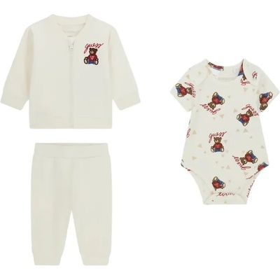 Guess Мръсно бял бебешки комплект със суичър, панталон и късо боди с мечета Guess