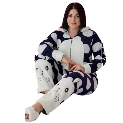 Макси пижама-гащеризон в тъмносиньо с големи точки и мече