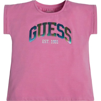 GUESS Тениска с къс ръкав в розово за момиче с голям цветен надпис Guess