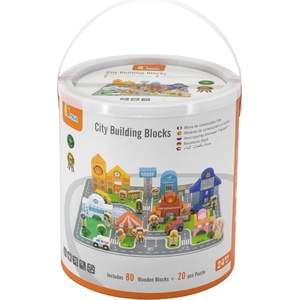 Viga Toys Дървен строител Viga Toys PolarB - Град, с фигури и платформа, 100 части (44705)