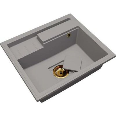 DobreSny Granitový dřez ELITE 6052 ŠEDÝ + zlatý sifon 60 x 52 x 21,5cm