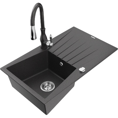 Mexen Cesar кухненска мивка от гранит с 1 камера с отцедник и кухненски кран Savita, черен с пръски - 6514-76-672601-76 (6514-76-672601-76)