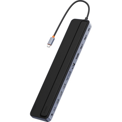 Baseus Хъб 12в1 Baseus EliteJoy Gen2, с USB-C кабел, 25cm, стойка, USB-A / USB-C / DP / HDMI / SD / TF / RJ45 / 3.5mm жак / PD, 100W, сив (WKSX030213) (WKSX030213)