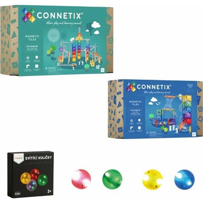 Connetix guličková dráha (92 ks) + rozšíření (66 ks) + svítící kuličky MAMIS