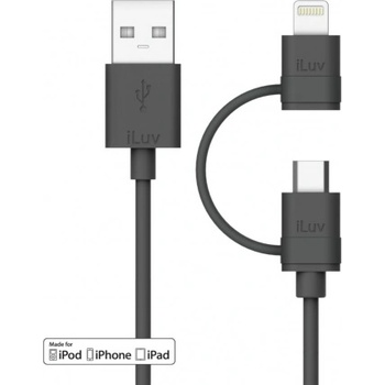 iLuv USB кабел 2в1 за Lightning и MicroUSB устройства - iLuv Combo 2-in-1 Lightning and MicroUSB Cable (черен) (ICB267BLK)