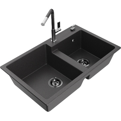 Mexen Tomas двоен гранитен мивка с кухненски смесител Flora, черен на пръски - 6516-76-670401-08-B (6516-76-670401-08-B)