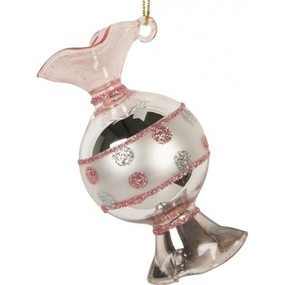 Clayre & Eef Růžovo-stříbrná skleněná vánoční ozdoba bonbón Ø 4*8 cm