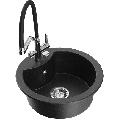 Mexen Diego мивка от гранит с 1 отделение и кухненски смесител Duo, черен/сребърен металик - 6512-73-671701-07 (6512-73-671701-07)