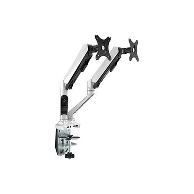 Polohovatelný držák pro 2 monitory, 2-9KG, svorka a průchodka stolu, 17"-30", USB HUB + Jack, 75x75/100x100, šedý