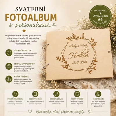 Svatební fotoalbum A4 se jmény – dřevěné gravírované album | ADVIPO dekorace – Zbozi.Blesk.cz