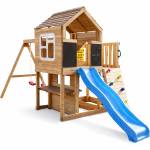 Ginger Home Голяма Детска Дървена Къщичка ginger home за Двор с Пързалка, 2 Люлки, Катерушка и Пясъчник - 250×150×267 см (sh3)