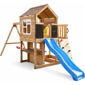 Ginger Home Голяма Детска Дървена Къщичка ginger home за Двор с Пързалка, 2 Люлки, Катерушка и Пясъчник - 250×150×267 см (sh3)