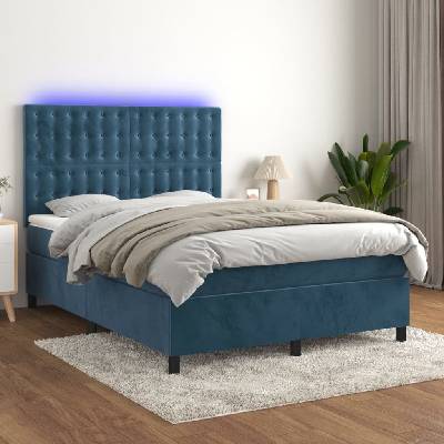 Petrashop 3136369 Boxspring postel s matrací a LED tmavě modrá samet Modrá