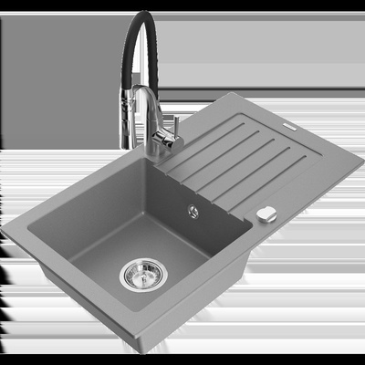 Pablo мивка гранитна 1-камерна с изцедник и кухненски смесител Aster, сива - 6510-71-73450-07 (6510-71-73450-07)