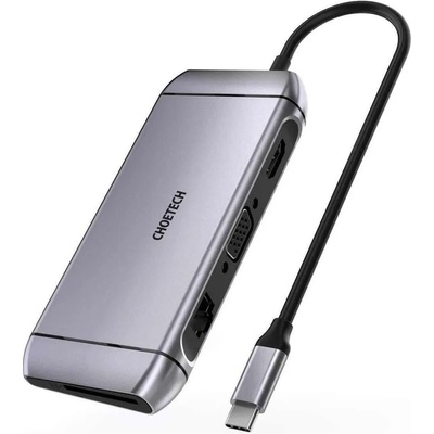 Choetech Choetech HUB-M15 9в1 хъб, USB-C, 3x USB 3.2 Gen 1, SD TF, HDMI 4K, 30Hz, VGA, Full HD, 60Hz, USB-C, RJ45, сив (HUB-M15)