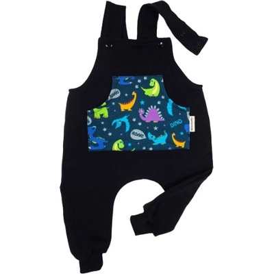 Dětské laclové kalhoty s kapsou barevní dinosauři na černém