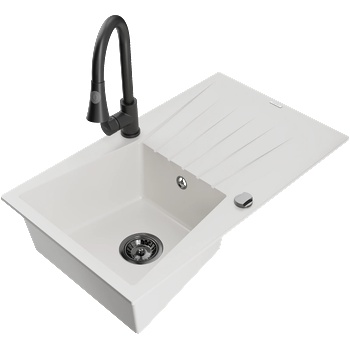 Mexen Cesar гранитна мивка с 1 камера с отцеждател и кухненски смесител Elia, бял - 6514-20-670101-70 (6514-20-670101-70)