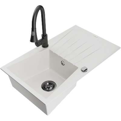 Mexen Cesar гранитна мивка с 1 камера с отцеждател и кухненски смесител Elia, бял - 6514-20-670101-70 (6514-20-670101-70)