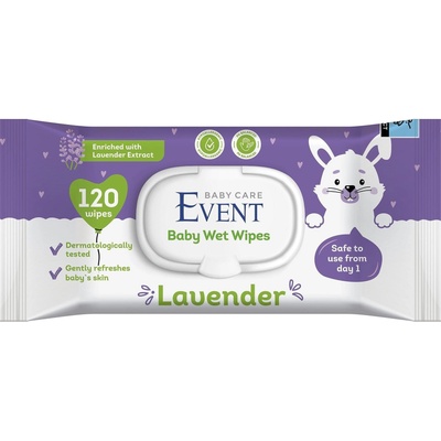 Event Бебешки влажни кърпи с капак Event - С екстракт от лавандула, 120 броя (2EVBE04104LVD0120A)