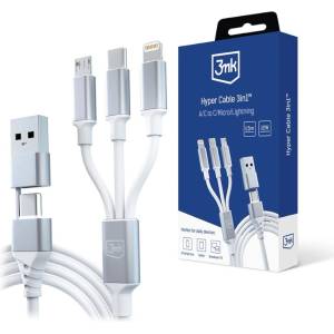 3mk Protection Кабел 3MK Hyper Cable 3in1, от USB-C/A(м) към USB-C(м)/USB Micro B(м)/Lightning(м), 1.5m, 12W, бял