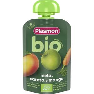 Plasmon БИО Плодова закуска Ябълка, морков и манго 6м+ 100г - topcho-online