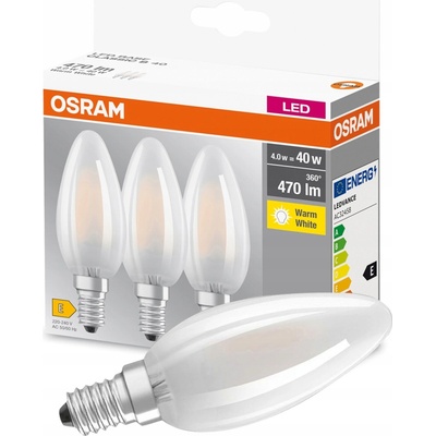 Osram Sada LED žárovek svíčka, 4 W, 470 lm, teplá bílá, E14, 3 ks LED BASE CL B GL FR 40 NON-DIM 4W