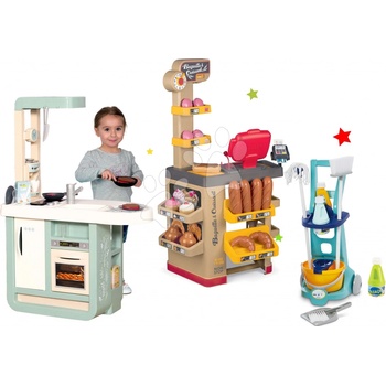 Smoby Set kuchynka Cherry Kitchen so zvukmi a kávovarom a upratovací vozík Clean Service